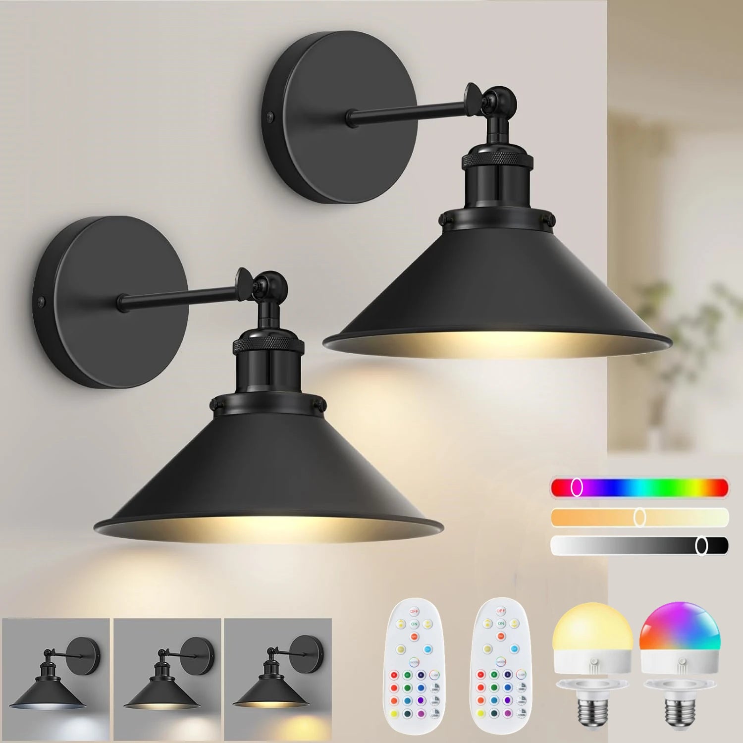 Wireless Rechargeable Battery-Powered Wall Light, Dimmable, with Detachable Bulb and Remote Control, 15 Colors, Suitable for Bedroom, Living Room, Hallway Decoration