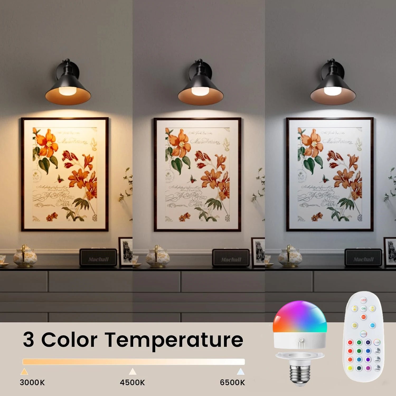 Wireless Rechargeable Battery-Powered Wall Light, Dimmable, with Detachable Bulb and Remote Control, 15 Colors, Suitable for Bedroom, Living Room, Hallway Decoration