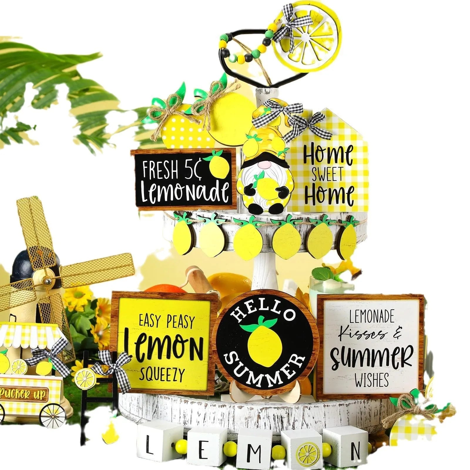 Summer Lemon Tiered Tray Decor Set Wood Sign Rustic Summer Home Table Decor DecoracióN Y Accesorios De Mesa Home Decor